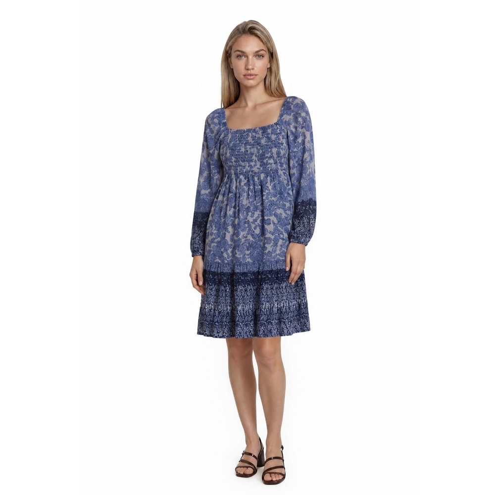 Just Taylor Dress Women's Size 8 Blue Floral Square Neck Long Sleeve Peasant